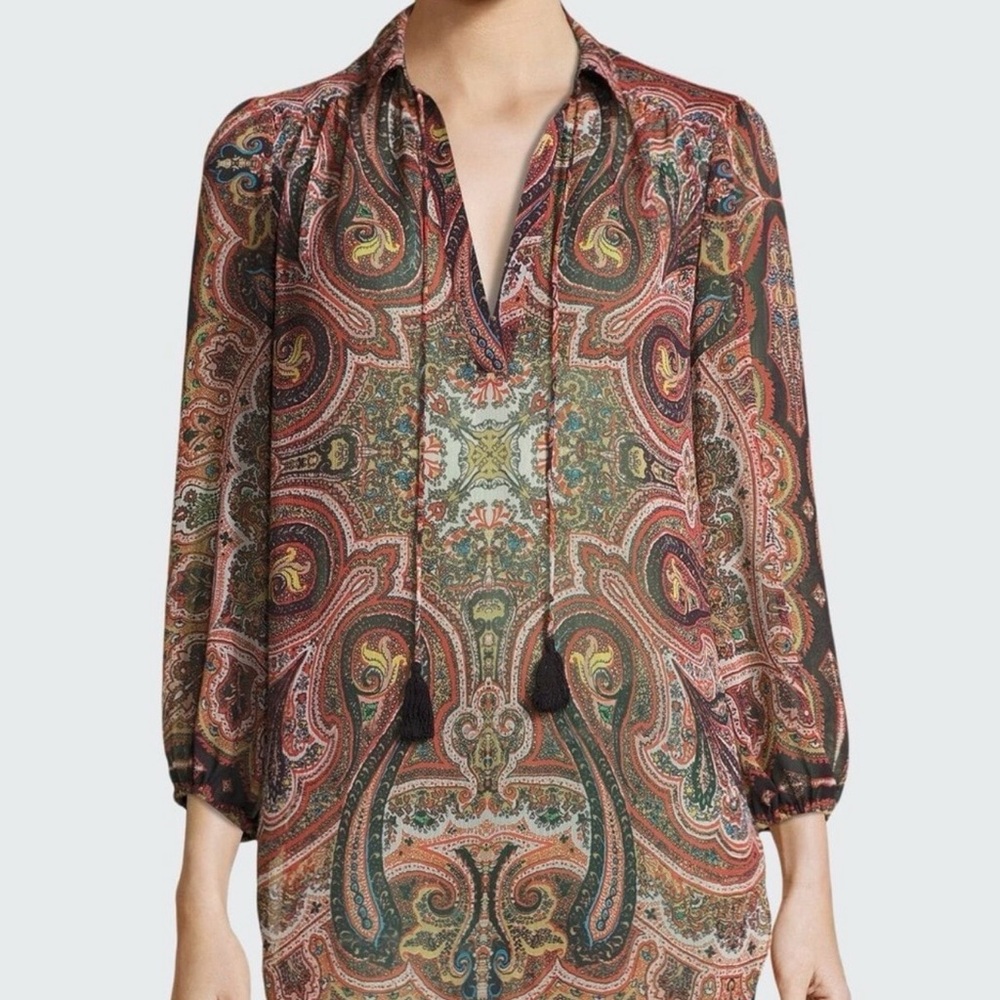 Alice + Olivia Sterling Half Placket Multicolor Paisley Sheer Tunic Blouse Top M